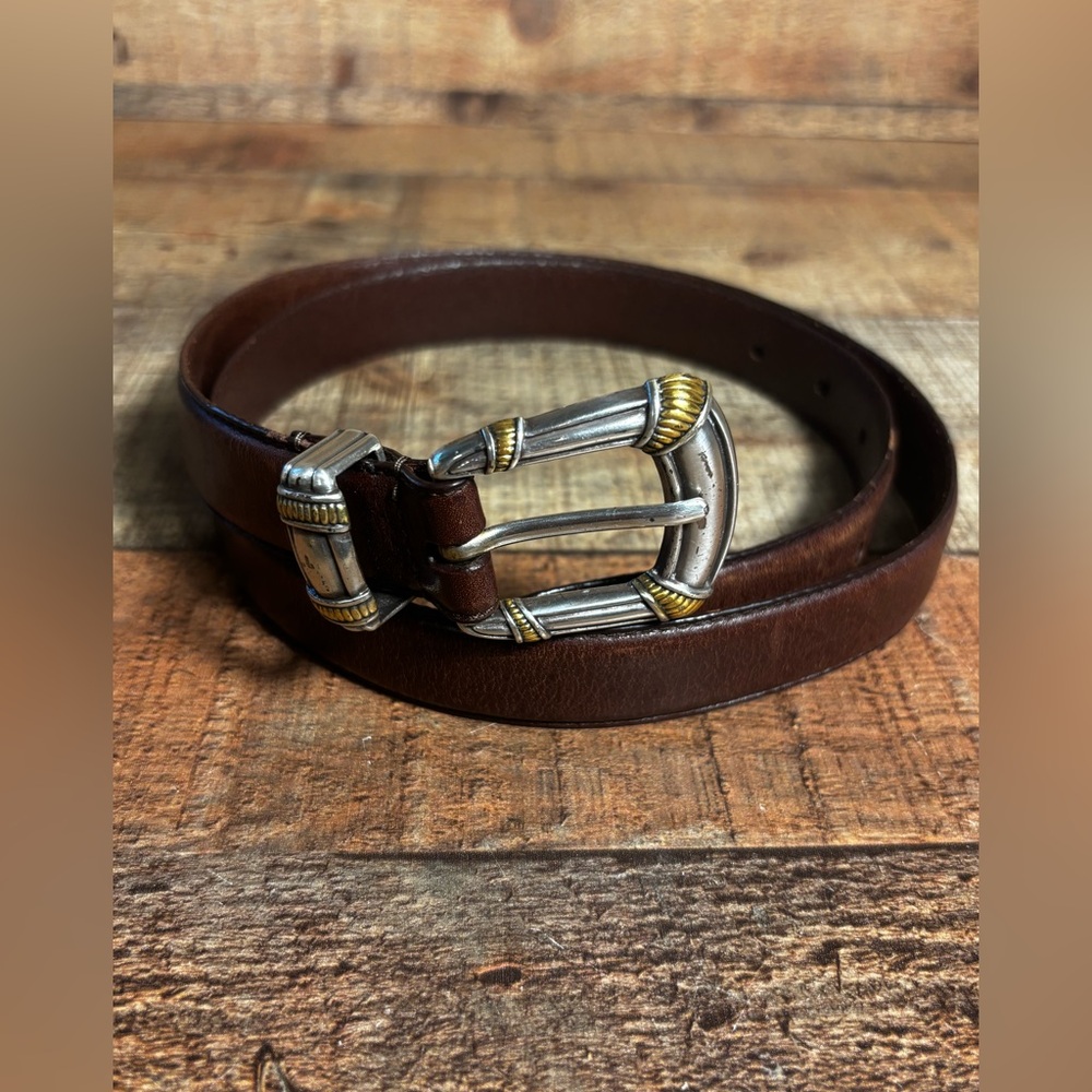 VTG Fossil Belt Womens Large Brown Leather 2-Tone Silver Brass Buckle Band